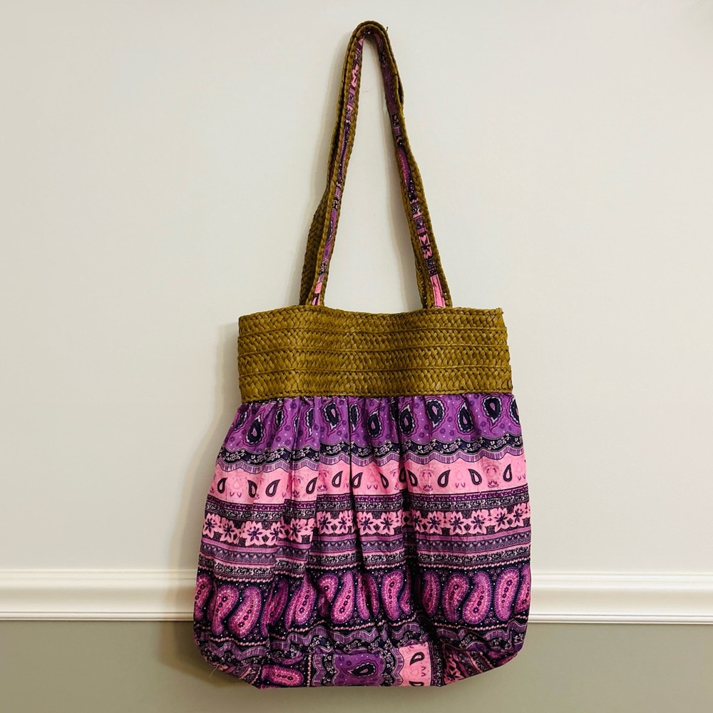 Straw Fabric Purple Pink Multicolor Paisley Casual Fun Large Tote Exotic Bag